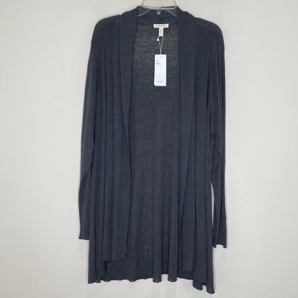 NEW Eileen Fisher Linen Blend Long Shaped Cardigan Crepe Rib *Bark*
